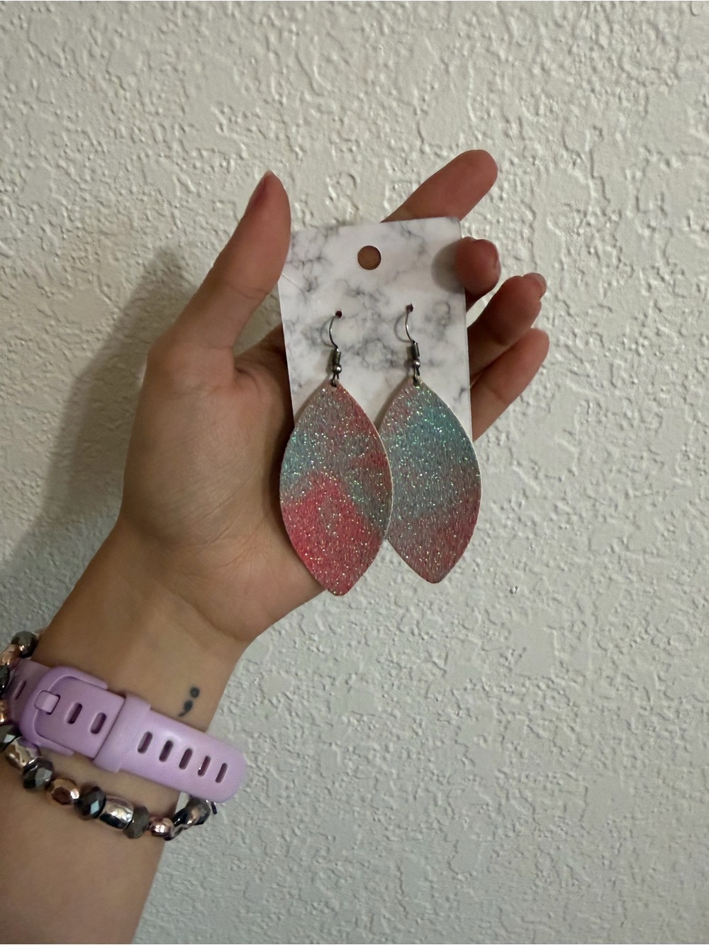Faux leather feather glitter the dye handmade earrings